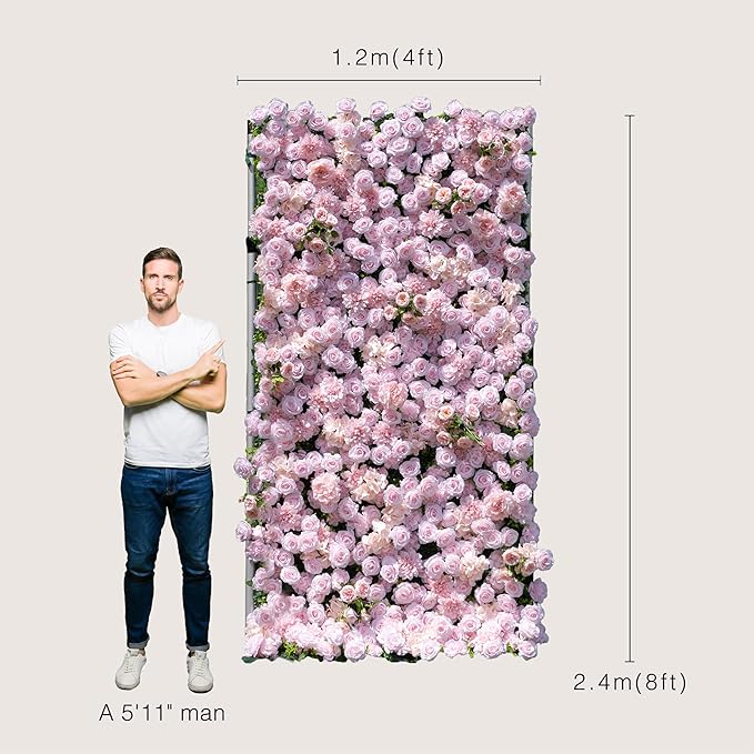 Artificial Luxury‌ Flower Wall Backdrop, Gorgeous 3D Silk Floral Backdrop for Wedding, Baby Shower, Party and Home Decor, Quick Assembly/Storage, Eco ＆ Pet Friendly, 2 pcs, Each Panel 2 * 8 ft