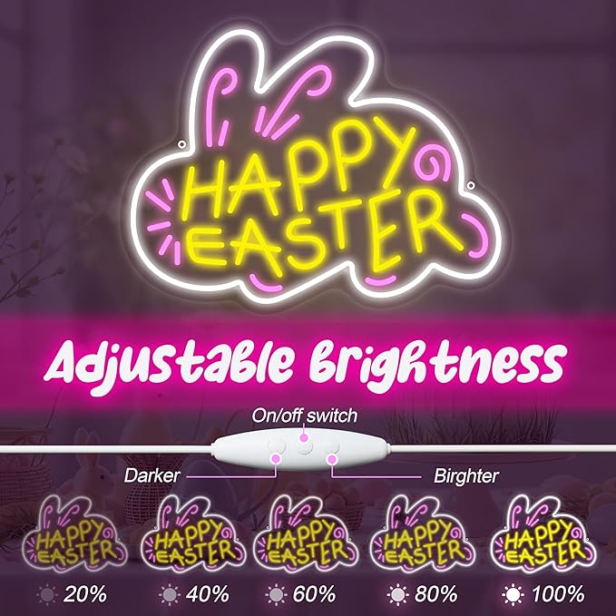 Happy Easter Neon Signs for Wall Decor, Bunny Light Up Sign, Happy Easter Home Wall Decoration for Bedroom, Bar, Kid Room Party Gifts