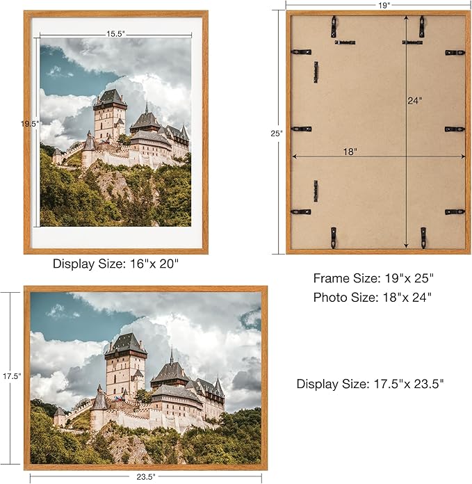 Axeman 18x24 Poster Frame with Mat for 16x20 - Solid Teak Wood Picture Frame with Tempered Glass, Wooden 18''x24'' Minimalist Photo Frame with Free Hooks for Art Photo and Prints, Natural Teak