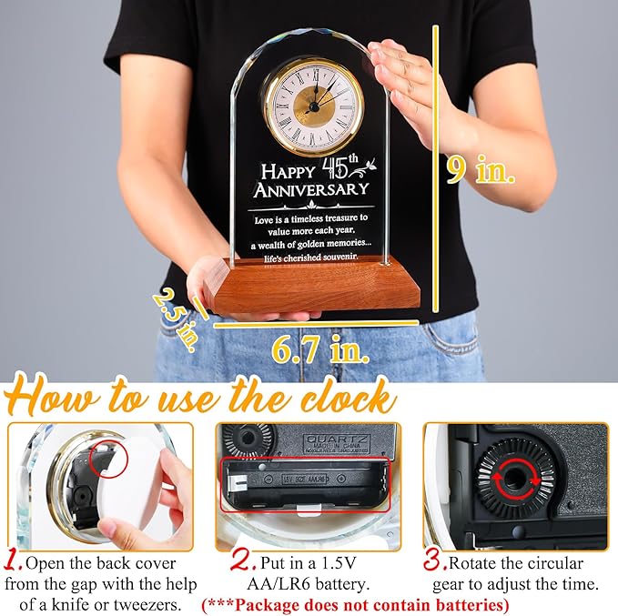 YWHL 45th Wedding Anniversary Clock Gifts for Parents Granddaughters, 45 Years for Couples, Glass Clock Presents with Wooden Light Base for Home Decoration (Battery not Included)