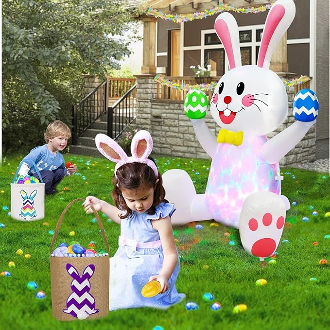 TURNMEON 4FT Rotating Colorful LED Easter Inflatable Bunny Blow up Yard Decorations with Built-in Fan, Waterproof Outdoor Indoor Easter Decor for Garden, Lawn Party, Includes Ground Stakes & Sandbags