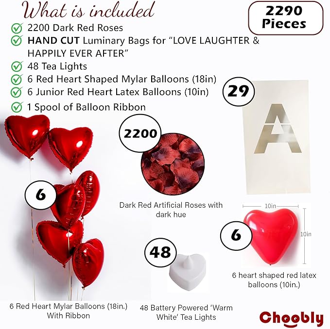 Love Laughter & Happily Ever After Luminary Bags with LED Tea Light Candles, Balloons, and Rose Petals – Romantic Decorations for Proposals, Anniversaries, and Special Moments