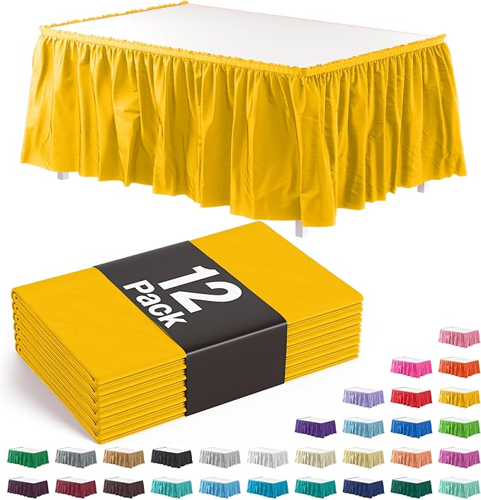 Exquisite Ruffle Table Skirt Yellow 12 Pack 14 Ft Long for Rectangle 6ft Plus or Round Tables With Adhesive Strip for Gender Reveal Decor & Happy Birthday Parties