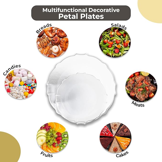 Exquisite Plastic Plates for Party 40 Piece Fancy Plastic Dinner Plates For 20 Guests 20 X 7.5 Dessert Plate & 20 X 10 Thin Delicate Disposable Dinnerware Charger Plate Clear Silver Rim