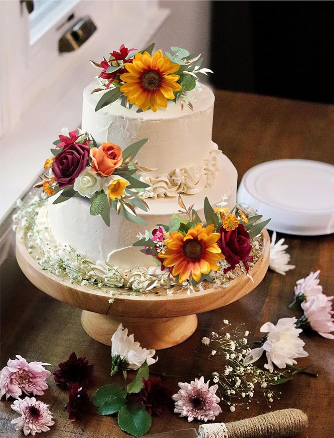 Marriwise 3Pcs Pre-made Cake Toppers Flowers, Sunflower & Red Wedding Cake Decoration,Artificial Flowers Decor for Wedding Ceremony Anniversary,Birthday Party,Fall Vintage (Sunflower & Red)