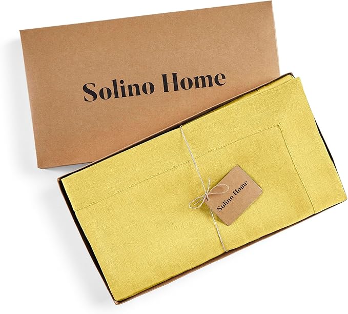 Solino Home Linen Tablecloth for Rectangle Tables 60 x 108 Inch - 100% Pure Linen Sunshine Yellow Table Cloth - Fete, Machine Washable Cloth Tablecloth for Spring, Easter