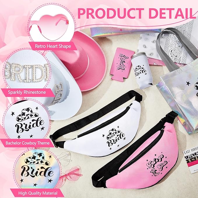 49 Pcs Cowgirl Bachelorette Party Favors Set Bachelorette Cowgirl Hats Bridesmaid Fanny Pack Can Sleeves Hair Ties Paisley Bandanas Heart Glasses Tote Bags for Bridal Shower