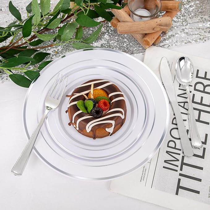 I00000 600pcs Silver Dinnerware Set for 100 Guests, Silver Plastic Plates Plastic Silverware Set of 100 Dinner Plates, 100 Salad Plates, 200 Forks, 100 Spoons,100 Knives for Party & Wedding