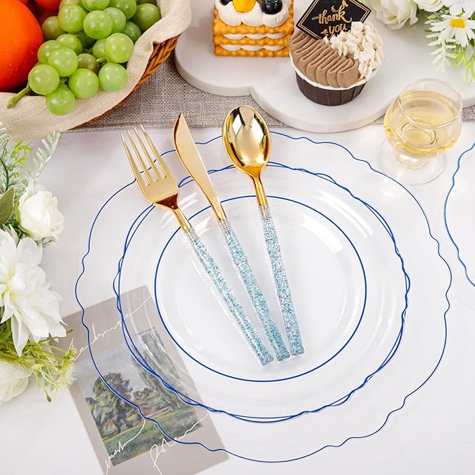 Liacere 150PCS Clear and Blue Plastic Plates-Clear and Blue Disposable Plates with Glitter Bamboo Handle Cutlery-60 Baroque Elegant Plates, 30 Forks, 30 Spoons, 30 Knives for Wedding＆Christmas