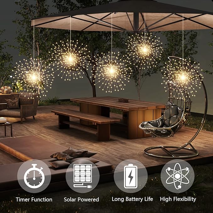 4 Pcs 800LED Solar Starburst Sphere Lights,Firework Light Remote Control Timer 8 Modes Dimmable Waterproof Hanging Fairy Lights, Sparkly Light for Patio Garden Tent Outdoor(Warm White)