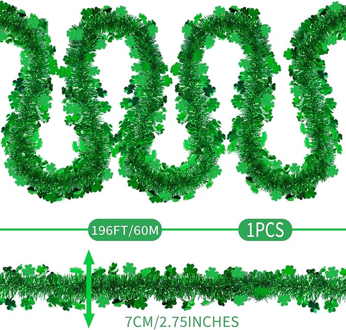 196 FT St. Patrick's Day Tinsel Garland, Green Shamrock Metallic Garland for Irish St. Patrick's Day Party Wall Tree Decoration