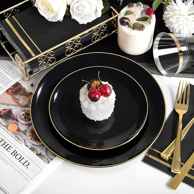 NOCCUR 350PCS Black and Gold Plastic Plates - Black Disposable Dinnerware Set for 50 Guests, 100 Dinner/Dessert Plates, 150 Gold Silverware, 50 Cups&50 Napkins for Party/Birthday/New Year