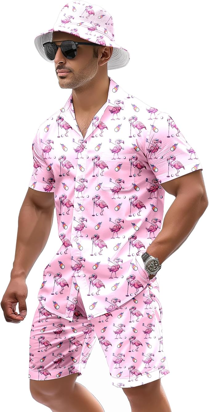 Men's 2 Piece Tracksuit 80s 90s Outfit Button Down 80s Shirts and Shorts Sets with Bucket Hats