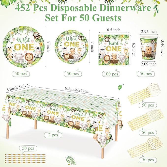 452 Pcs Wild One Birthday Party Decorations for 50, Safari Jungle Wild One Paper Plates Napkins Cups Tablecloth Cutlery Straws for Boys Kids Woodland Themed First Birthday Party Supplies