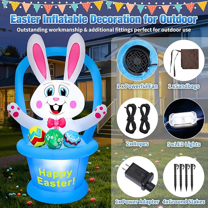 5 Ft Easter Inflatables Yard Decorations, Blow up Easter Bunny with LED Lights Basket Light up Outdoor Decor for Holiday Party Indoor Outdoor Garden Lawn