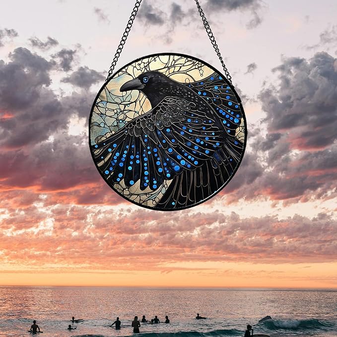 Stained Glass Window Hanging - Black Crow Big Wings Suncatcher for Doors Garden Patio Bird Sun Catchers Decor Christmas Mother's Day Birthday Gifts for Women Men Mom Nana Friend 15 in