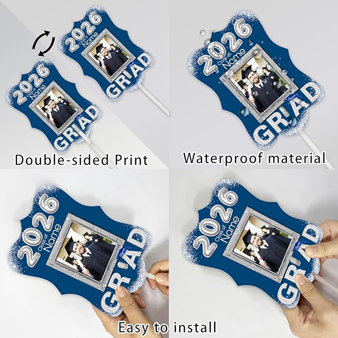 Personalized Graduation Double Sided Face Fan Class of 2026 Customized Graduation Head Face Cutout with Handle Fun Photo Prop Supplies(A-Blue and Silver,12pcs)