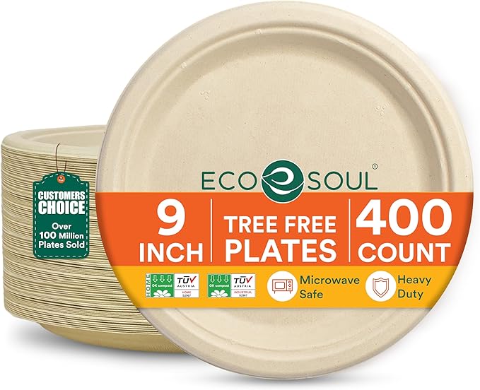 ECO SOUL 9 Inch Compostable Disposable Paper Plates [400 Pack] Food Safe 100% Virgin Bagasse Pulp Heavy Duty Biodegradable Microwave Safe Large Round Dinner Plate for Party, Picnic & BBQ (Brown)