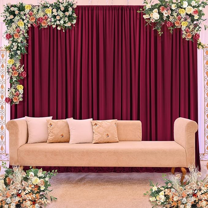 50ft×10ft Burgundy Wrinkle Free Backdrop Curtains for Parties, 10 Panels 5×10ft Soft Silky Wine Red Photo Backdrop Drapes for Birthday Party Baby Shower Wedding Mother's Day Photography