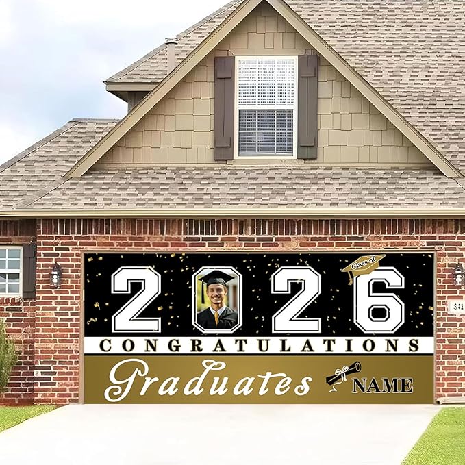 Custom Photo Graduation Garage Door Banner Personalized 2026 Grad Banner 7x16ft Porch Door Sign Decoration Outdoor Photo Booth Backdrop Party Supplies(Khaki)