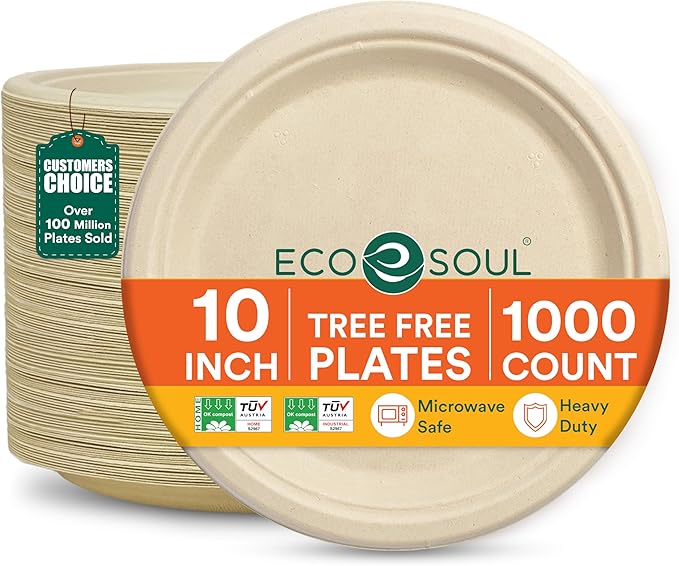 ECO SOUL 10 Inch Compostable Disposable Paper Plates [1000 Pack] Food Safe 100% Virgin Bagasse Pulp Heavy Duty Biodegradable Microwave Safe Large Round Dinner Plate for Party, Picnic & BBQ (Brown)