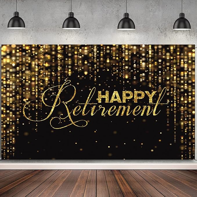 10x8ft Happy Retirement Photography Backdrop Luxury Black and Gold Party Backdrop Background Gold Glitter Celebrate Retirement Party Decorations Wallpaper Studio Props Bokeh Banner Supplies