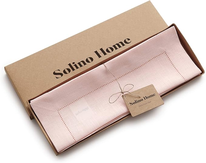 Solino Home Linen Cloth Placemats Set of 6-100% Pure Linen Hemstitch Pink Placemats 14 x 19 Inch - Classic Hemstitch Table Place Mats for Valentines, Spring, Easter
