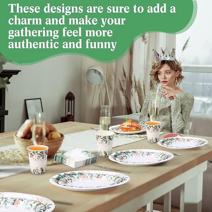 400 Pcs Sage Green Color Party Supplies Serve 50 Guests Eucalyptus Flowers Disposable Paper Plates Napkins and Cups for Bridal Baby Shower Birthday Wedding Party Decorations(Elegant)