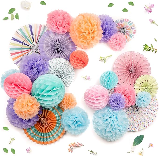 PapaKit Deluxe Origami Large Wall Decoration Set (Assorted Paper Fans & Pom-poms) Birthday Party Baby Shower Wedding Events Decor | Creative Art Design Pattern (Festive Colors, Deluxe 26 Piece Set)