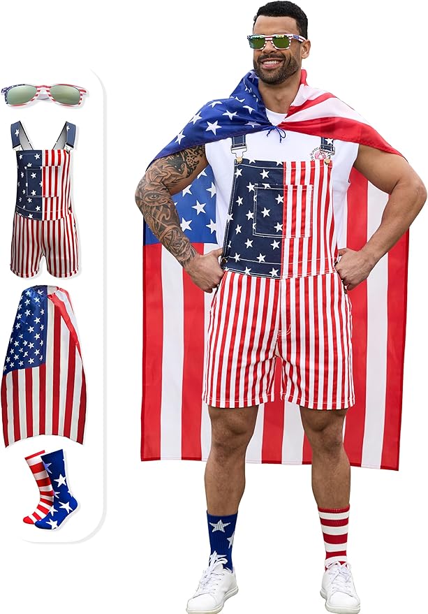 Bindefon American Flag Overalls Men,4th of July Cape,USA Sunglasses,Patriotic Socks,4 Pcs for Independence Labor Day