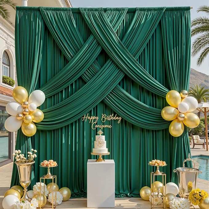 gogoparti 10x12ft Hunter Green Backdrop Curtain for Wedding Parties, 2 Panels (5x12 ft Each) Wrinkle-Free Dackdrop Curtains, Silky Draping Fabric for Birthday Party, Baby Shower, Photo Background