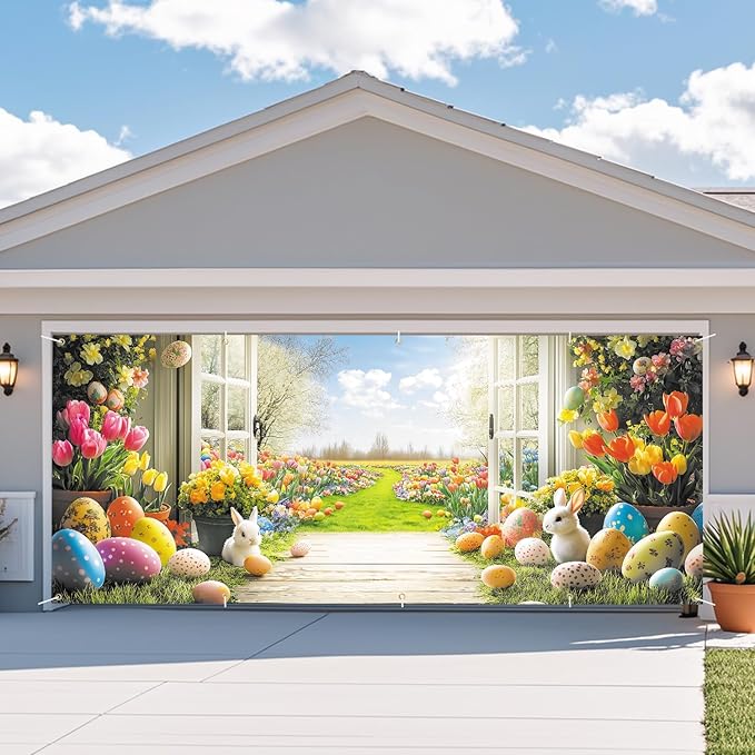 Easter Garden View Garage Door Banner 7x16FT, Spring Flowers, Easter Eggs & Bunnies, Outdoor Decoration for Yard, Garage & Front Door