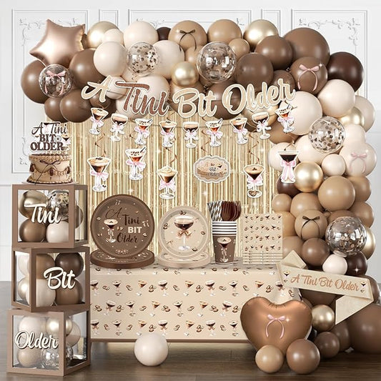300pcs Tiny Bit Older Espresso Martini Birthday Decorations Serve 25, All-in-one Set with Balloon Arch Fringe Curtain Tableware Balloon Box Cupcake Topper Sash, for Girl Women Espresso Martini Party