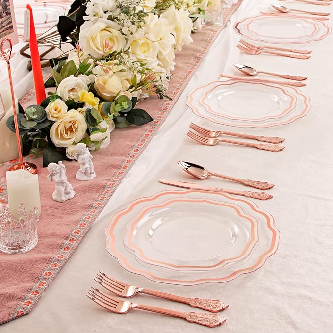 NOCCUR 150PCS Rose Gold Plastic Plates&Rose Gold Silverware-Include 30Dinner Plates, 30Salad plates, 90 Disposable Rose Gold Utensils- Ideal for Weddings/Party/Valentines Day