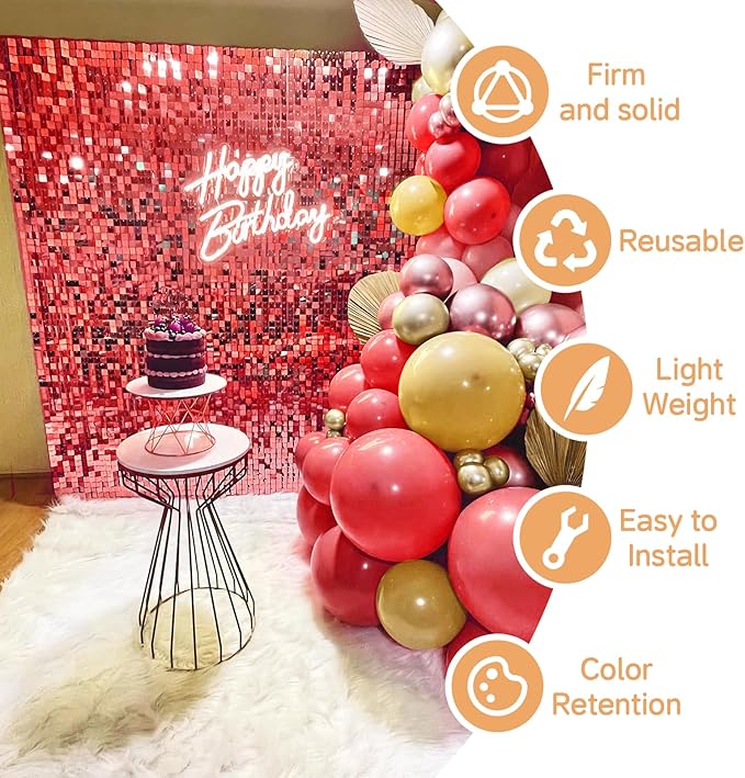 Red Shimmer Wall Backdrop,Shiny Sequins,24 Pcs Sequins Backdrop Decoration Panels, Glitter Bling Photo Background Decorations for Birthday Party Wedding Anniversary Graduation