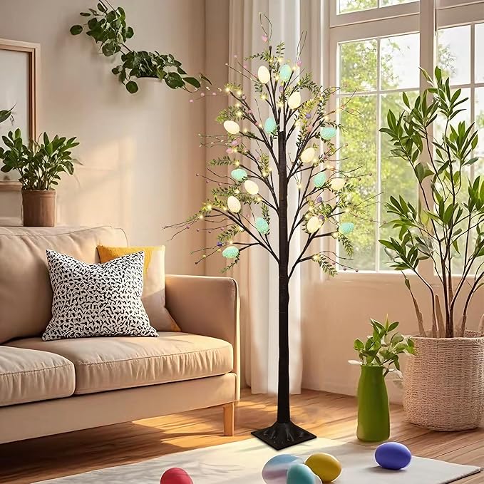 DR.DUDU 5FT Lighted Easter Tree with Timer, Easter Decorations for Home & Porch, Pre-Lit Egg Trees with LED Lights & Colorful Eggs, Indoor Outdoor Spring Decor Party & Office Decoration