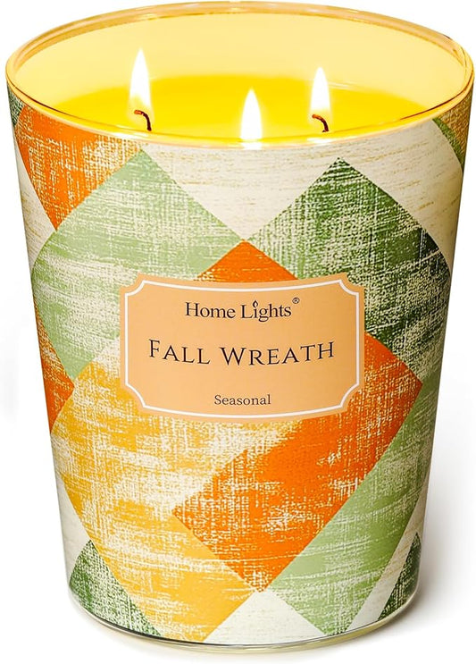 HomeLights Scented Candles | Large Jar 34 Oz Natural Soy Candle | 130 hrs Long-Lasting with 3 Wicks | Rustic Modern Home Decor | Gifts for Mom & Women, Fall Wreath