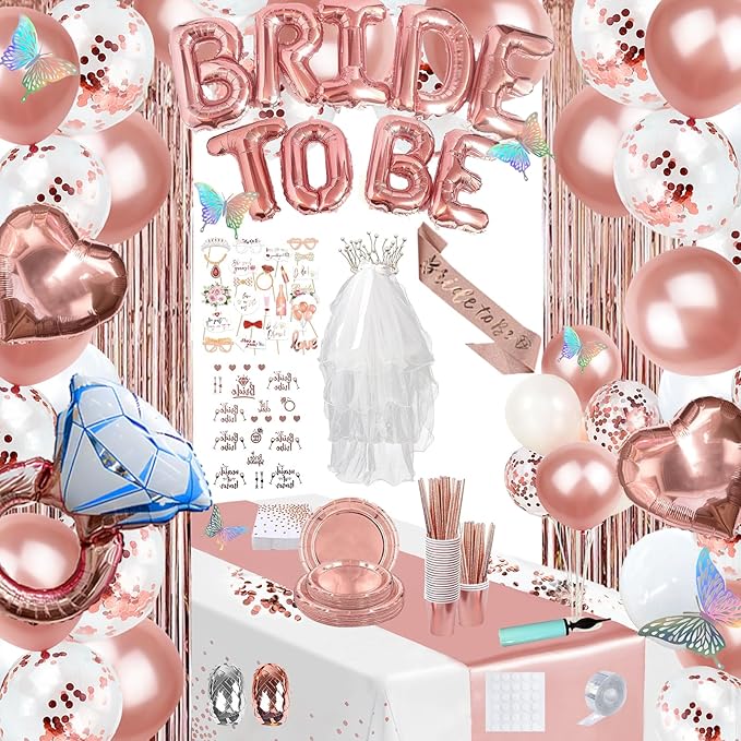 224 Pcs Rose Gold Bachelorette Party Decorations for Bride, Bridal Shower Party Supplies Set with "Bride To Be" Banner, Veil, Tiara, Sash, Balloons, Tableware and Photo Props
