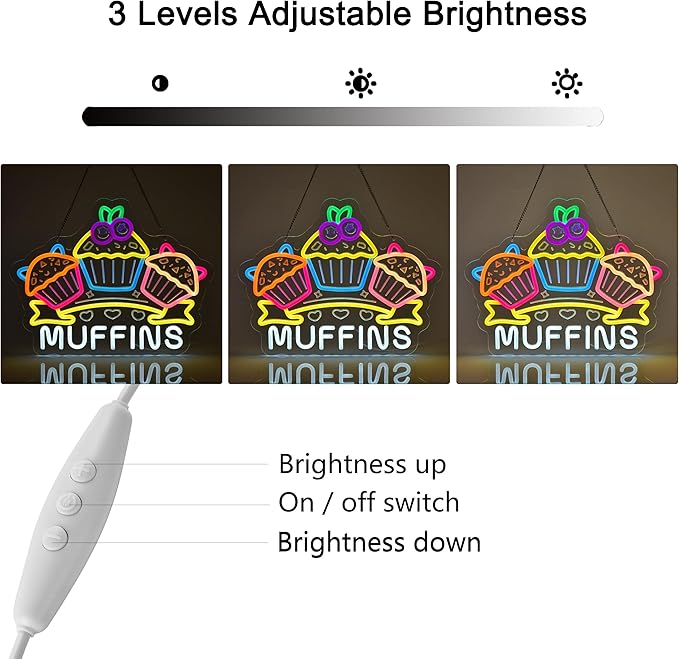 Muffins Neon Sign, Neon Lights Hanging Wall Art Decoration for Bakery Café Restaurant Snack Bar Pastry Shop Party Home Decor, USB Powered Ultra Bright Dimmable, 16.14×12.6inches