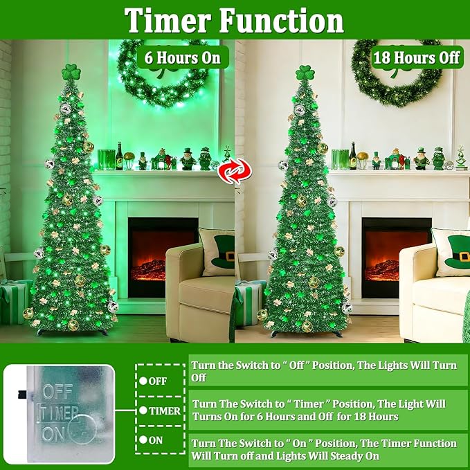 Timer & Shamrock - St Patricks Day Decorations, 5Ft Lighted St Patricks Day tree with 50 LED Green Lights 12 Balls Ornaments Battery Operated Pop Up Tinsel Collapsible Tree for Home Porch Office Party