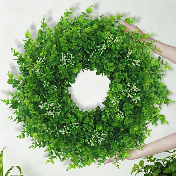 26'' Large Boxwood Wreath for Front Door Artificial Boxwood Leaves Greenery Outdoor Wreath for Porch Window Farmhouse Wall Home Decor Green Year Round Indoor Outdoor Spring Summer Fall All Seasons
