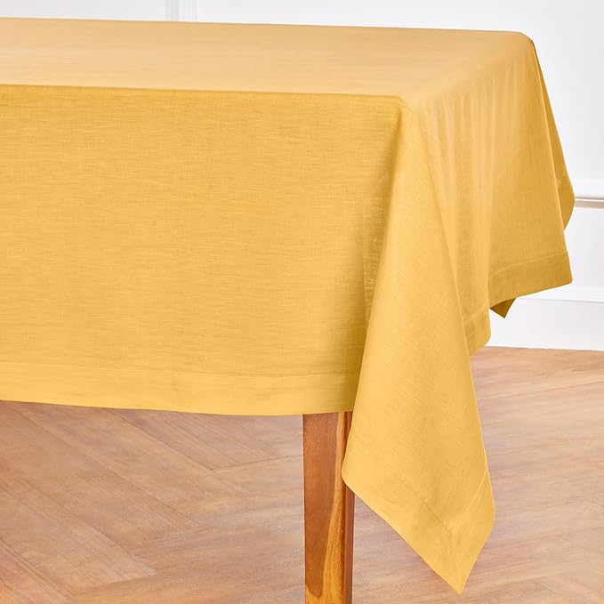 Solino Home Linen Tablecloth 60 x 120 Inch - 100% Pure Linen Mustard Yellow Table Cloth for Rectangle Tables - Fete, Machine Washable Tablecloth for Spring, Easter