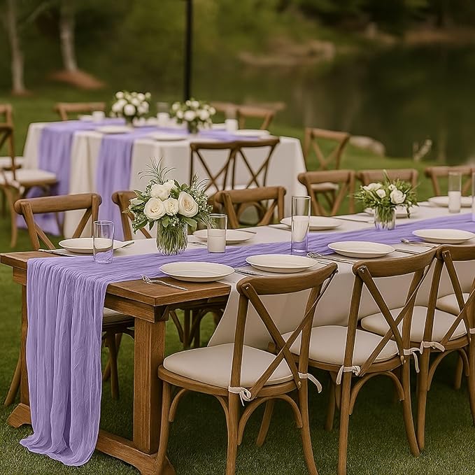 12 Pack Lilac Purple Cheesecloth Table Runner – 10FT x 12pcs Boho Gauze Table Runners for Spring Wedding, Birthday, Fairy Garden Bridal Shower Decor