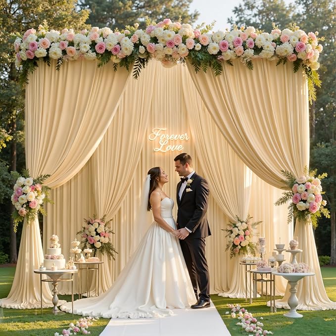 gogoparti 20x12ft Beige Backdrop Curtain for Wedding Parties, 4 Panels (5x12 ft Each) Wrinkle-Free Dackdrop Curtains, Silky Draping Fabric for Birthday Party, Baby Shower, Photo Background