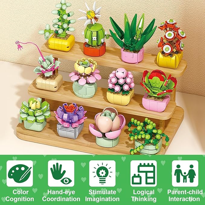 Valentines Day Gifts for Kids - 24 Packs Succulents Building Blocks with Valentines Day Cards for Kids School Boys Girls, Artificial Botanical Toy Exchange Gifts Classroom Prizes Party Favor