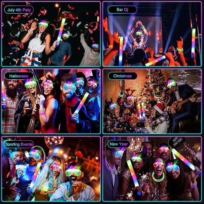 248 PCS Glow Party Supplies, Glow in the Dark Party Favors 24PCS Foam Glow Sticks, 24PCS LED Glasses and 200PCS Glow Sticks Bracelets, Neon Party Favors for Wedding,Concert,Raves and Birthday