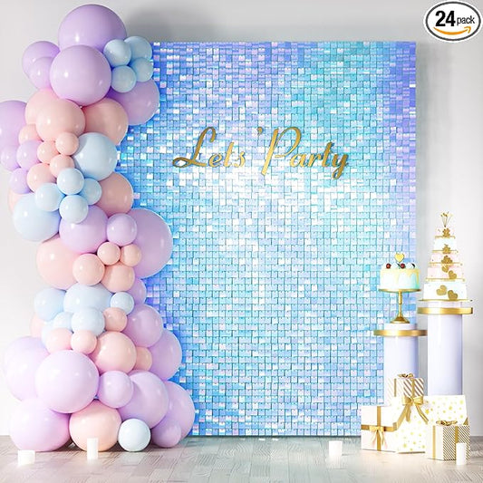 COKAOBE Rainbow Blue Shimmer Wall Backdrop 24PCS Square Sequin Shimmer Backdrop Panel, Photo Backdrops for Birthday, Anniversary, Wedding, Graduation & Bachelorette Party Decoration