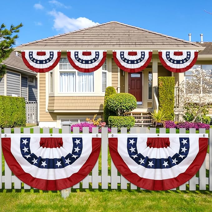 3 Pack American Pleated Fan Flag,3 X 6 FT American Bunting with Brass Grommets and Zip Ties,Patriotic Half Fan Banner Flag Decor, Memorial Day 4th of July Decoration Outdoor