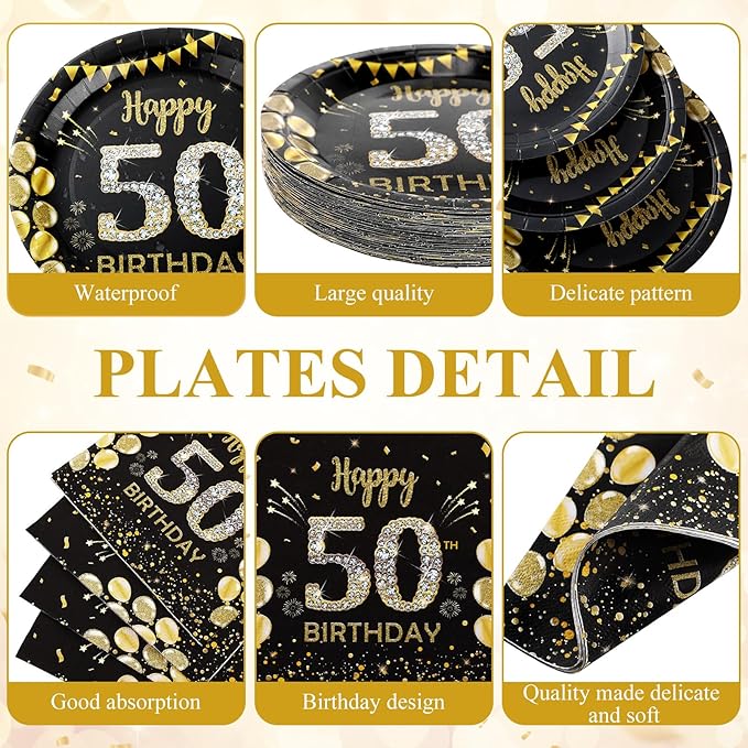 452 Pcs 50th Birthday Decorations for Men, Black and Gold 50th Birthday Paper Plates Cups Napkins Tablecloth Cutlery Straws for Men Women 50 Year Old Party Supplies for 50 Guests