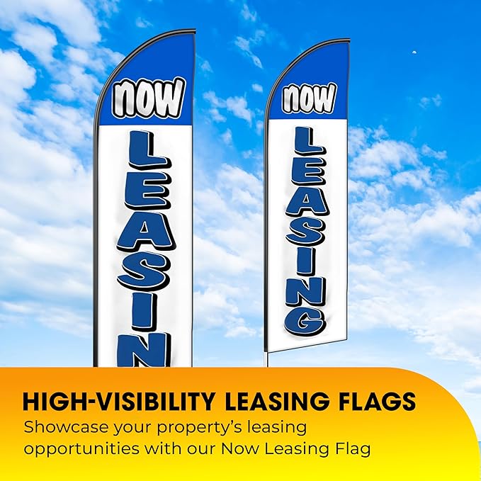 OnPoint Wares Now Leasing King Feather Flag Kit - 3 Pack, 2.5 ft x 12 ft, Blue & White, Leasing Promotion, Outdoor Advertising, Property Promotion